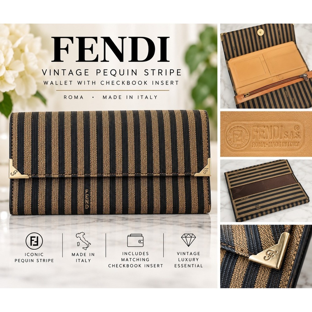 Vintage Fendi Pequin Stripe Continental Wallet Clutch Checkbook Brown Black...